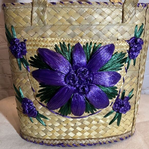 Vintage 1960s or 1970s Straw and Raffia Handbag or Small Tote Floral Beachy - Picture 3 of 16